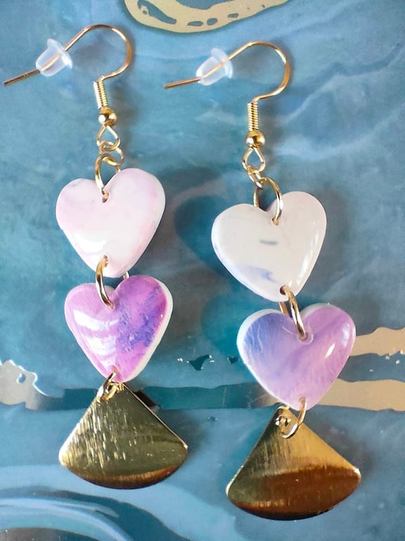 Triple Drop Polymer Clay Heart Earrings