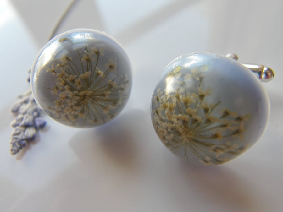 Unisex Silver Real Flower Cuff links with Queen Anne's Lace - SNOWFLAKE