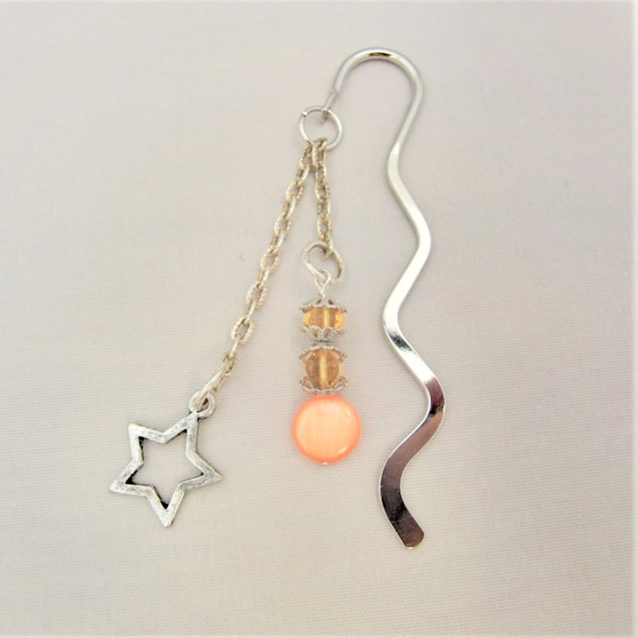 Silver Beaded Bookmark with Orange and Amber Beads and A Star Charm