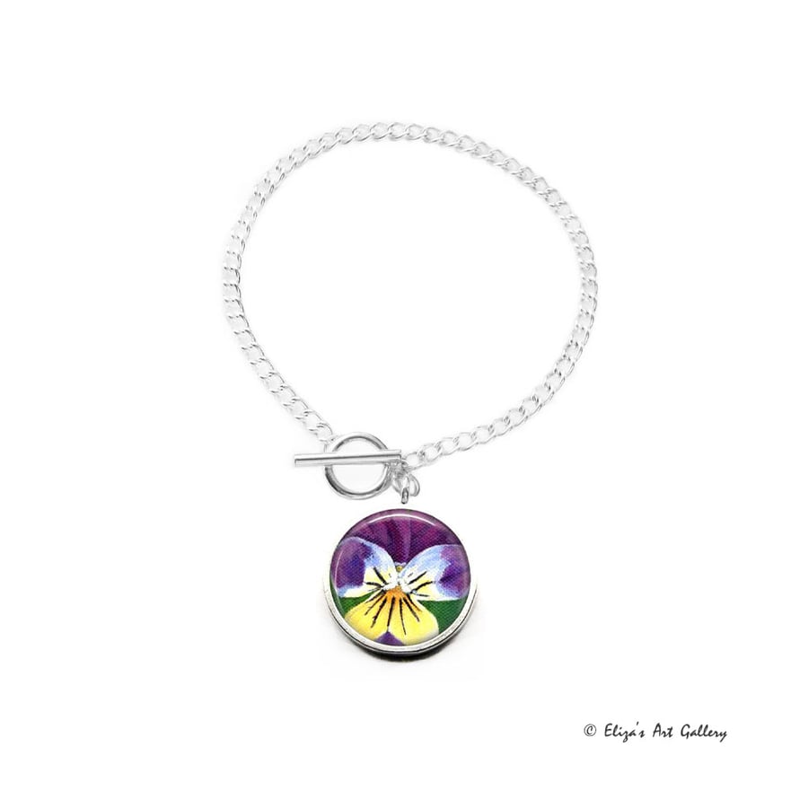 Silver Plated Pansy Flower Art Bracelet With Toggle