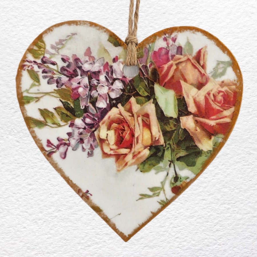 Decoupaged Wooden Hanging Heart 15cm (6"): Peach Roses design