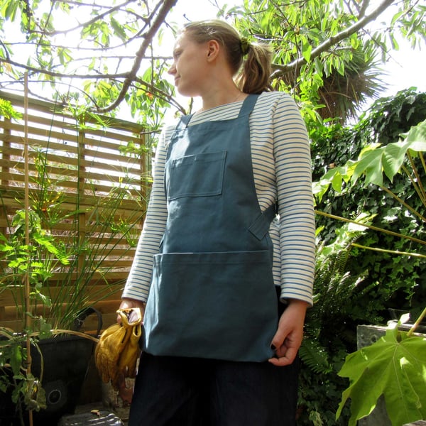 Harvesting Pouch Apron with Cross Back Straps for Gardeners. Teal Canvas
