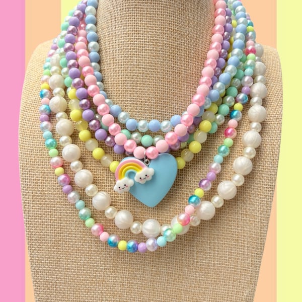 Pastel beaded multi layer maximalist rainbow heart charm necklace 