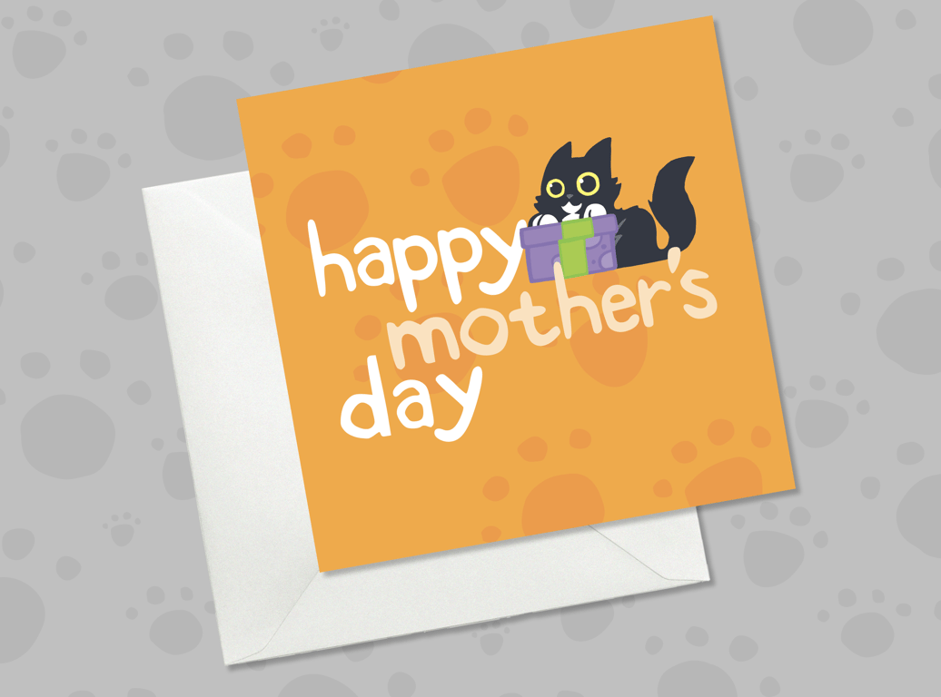 Cute Mother’s Day Card for Cat Mums, Orange Card, Playful Tuxedo Cat with Gift