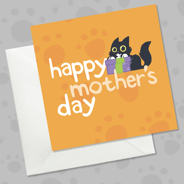 Cute Mother’s Day Card for Cat Mums, Orange Card, Playful Tuxedo Cat with Gift