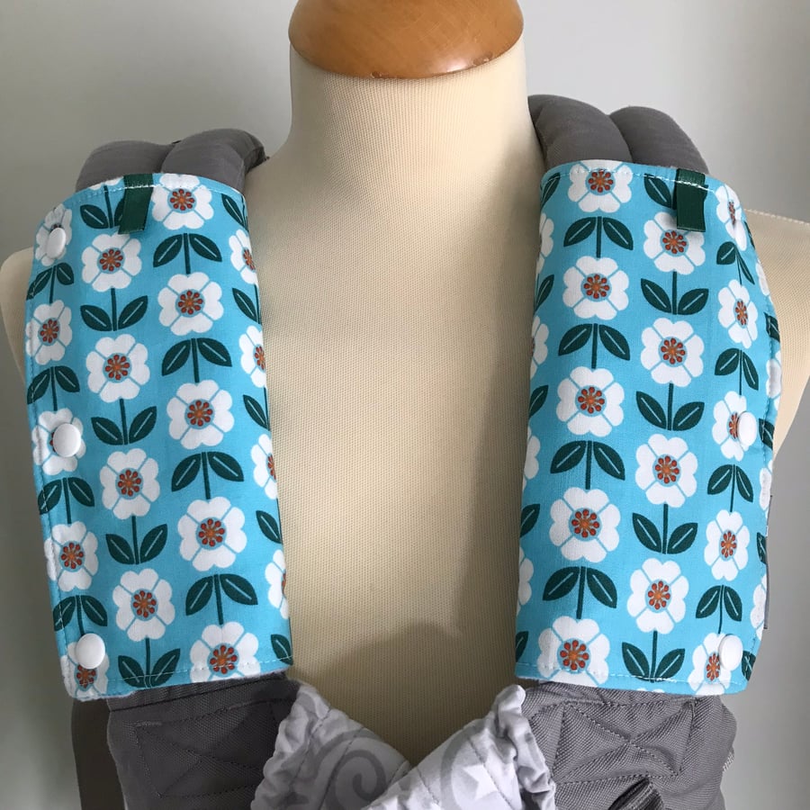 DROOL PADS Strap Covers for ERGO or CUSTOM Baby Carrier in Blue Flowers Fabric