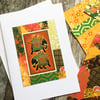 Handmade card. Indian elephants on orange.