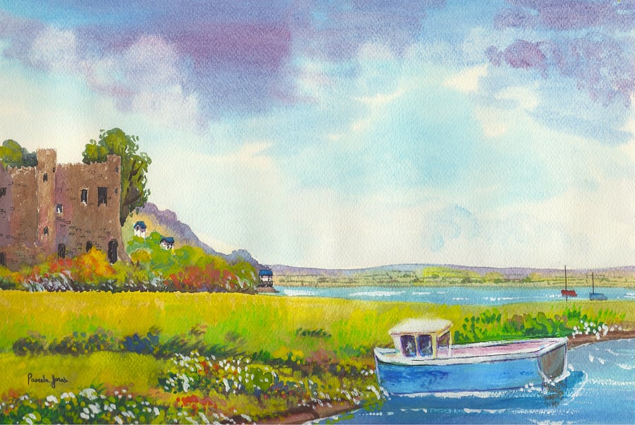 Blue Boat, Laugharne, Carmarthenshire, Watercolour Print in 20 x 16'' Mount
