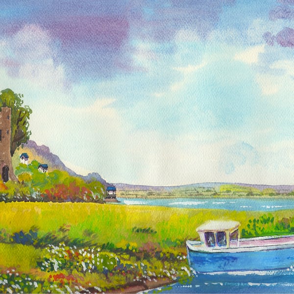 Blue Boat, Laugharne, Carmarthenshire, Watercolour Print in 20 x 16'' Mount
