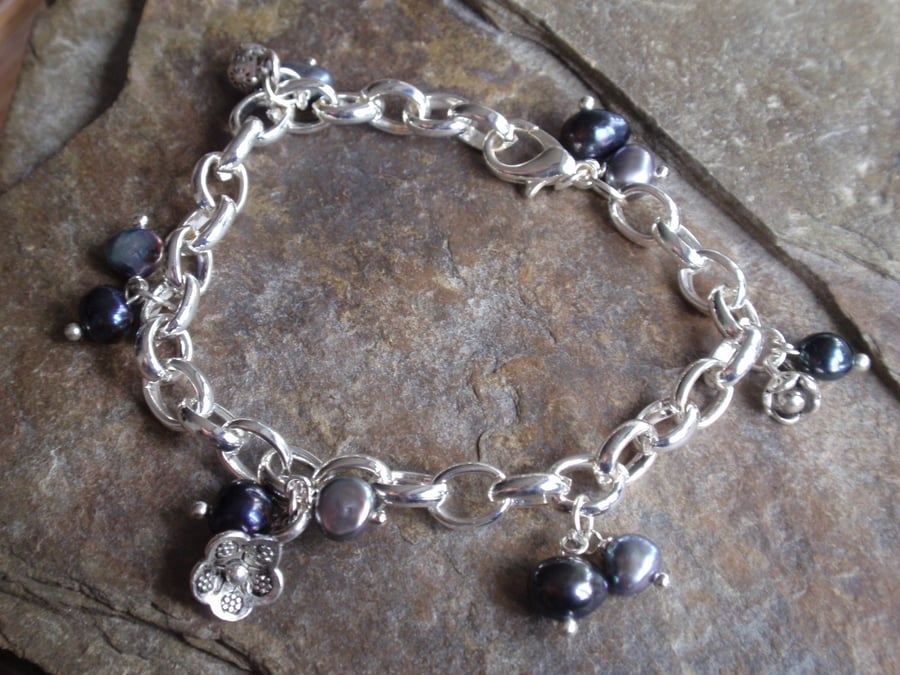 Silver Charm Bracelet with flowers and grey freshwater pearls