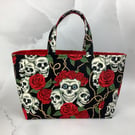 Skulls and roses tote bag, Gothic shopper, handmade in Sussex