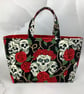 Skulls and roses tote bag, Gothic shopper, handmade in Sussex