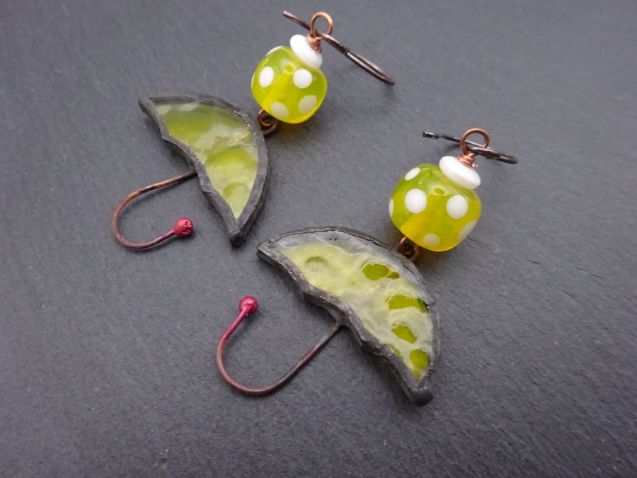 copper umbrella earrings, lampwork glass jewellery