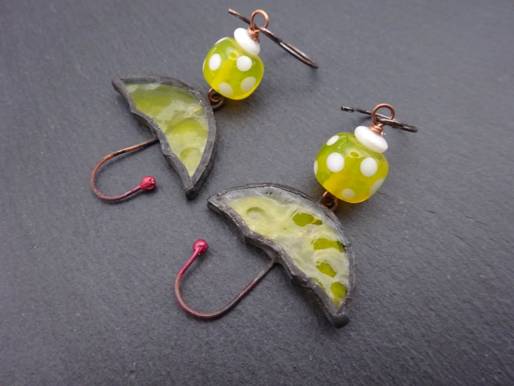 copper umbrella earrings, lampwork glass jewellery