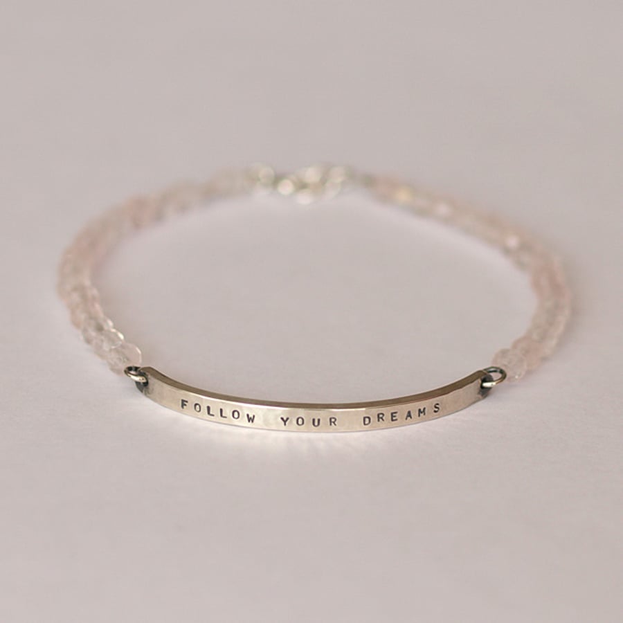 Hammered Silver Bar Bracelet with Personalised Message and Faceted Rose Quartz