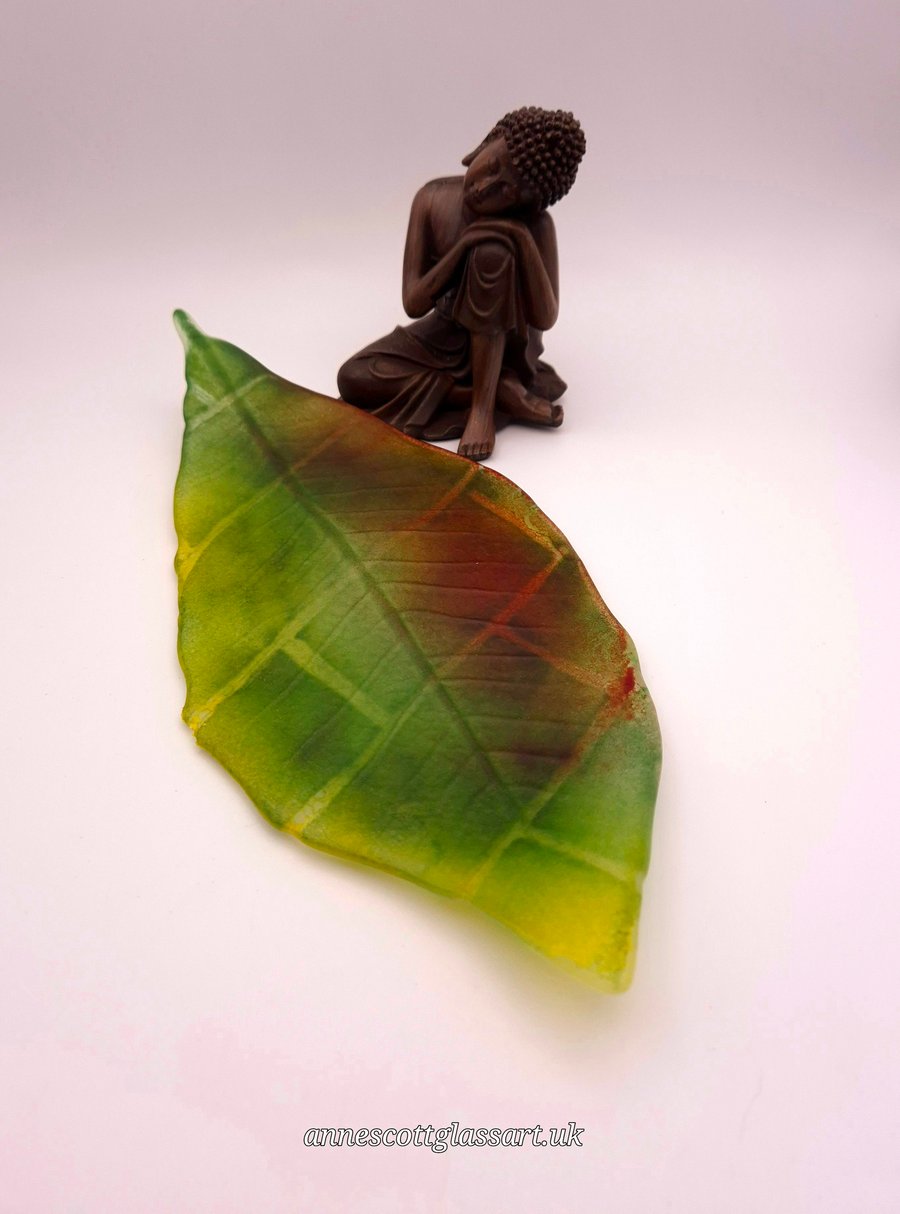 Unique Handmade Fused Glass Cloud Forest Magnolia Leaf Cast Falling on Brickwork