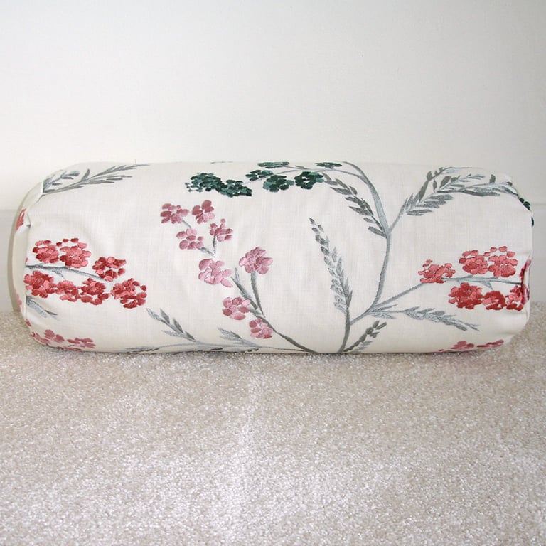Embroidered Floral Bolster Cushion Cover 16" x 6" Pink Cylinder Neck Roll Pillow
