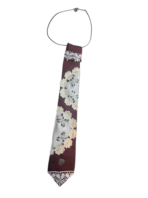 Upcycled Burgundy Boho Tie Necklace with Vintage Lace and Doily