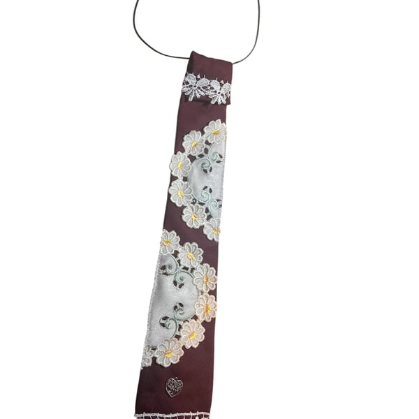 Upcycled Burgundy Boho Tie Necklace with Vintage Lace and Doily