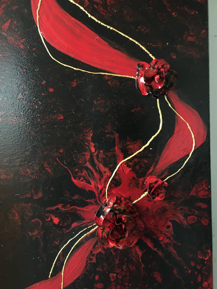  Black and red, an acrylic painting, embellished with the handmade flowers