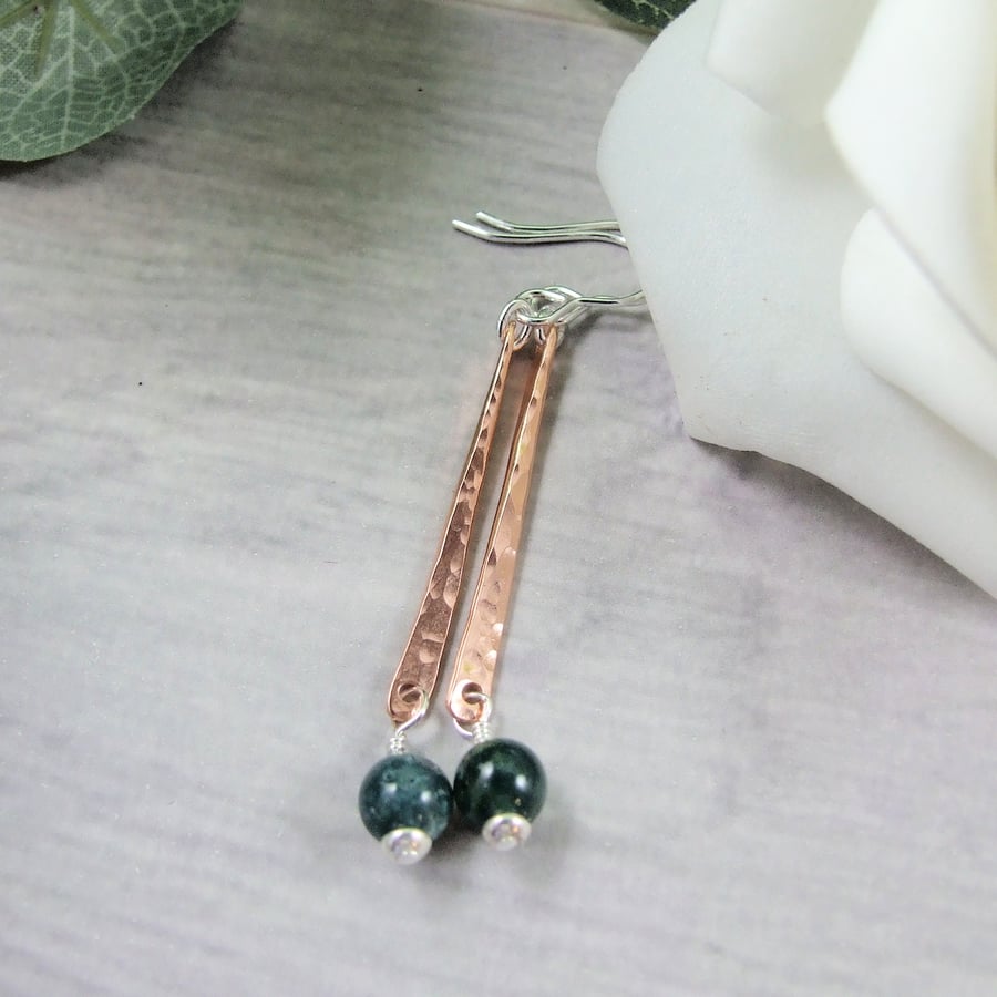Earrings, Sterling Silver and Copper with Moss Agate Droppers