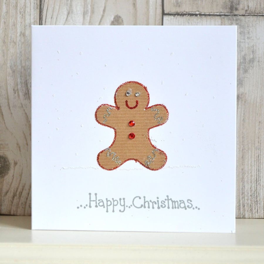 Handmade fun glittery Christmas card - gingerbread man hand crafted cute