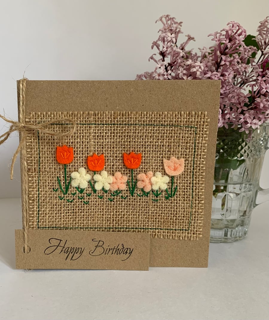 Birthday card. Row of orange, peach and cream flowers. Wool felt. Handmade Card.