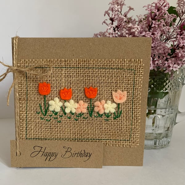 Birthday card. Row of orange, peach and cream flowers. Wool felt. Handmade Card.