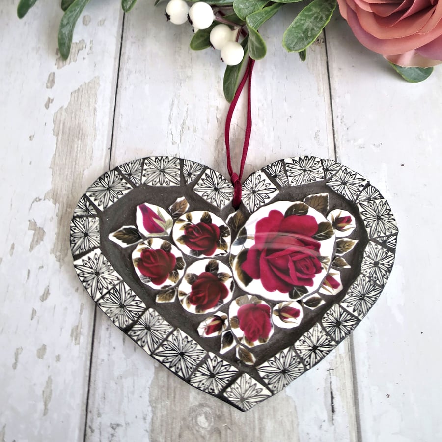 Vintage China Mosaic Heart, Red Rose Wall Art