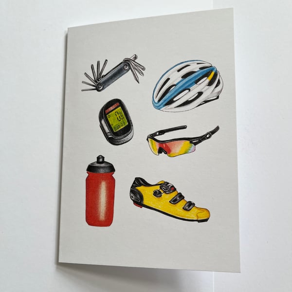 Cyclist bike objects and tools greeting card - blank inside - 7x5 inches