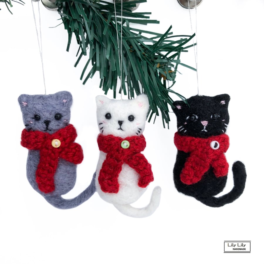3 Cat Christmas Tree Decorations needle felted by Lily Lily Handmade 