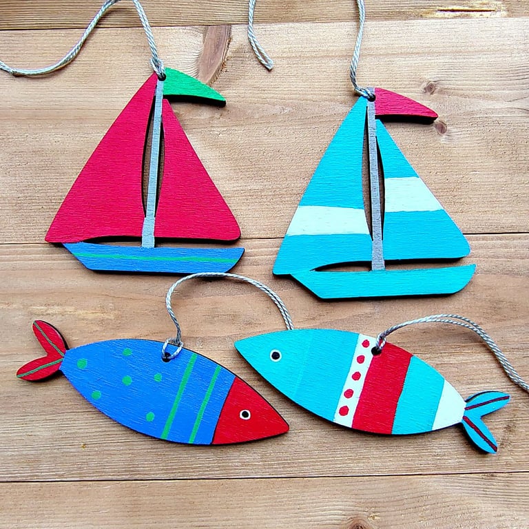 Hand painted hanging wooden fish and sailboat decorations for nautical décor 