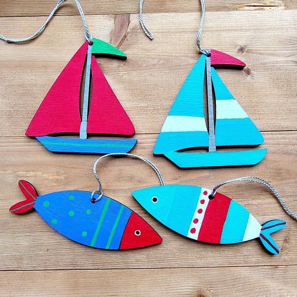 Hand painted hanging wooden fish and sailboat decorations for nautical décor 