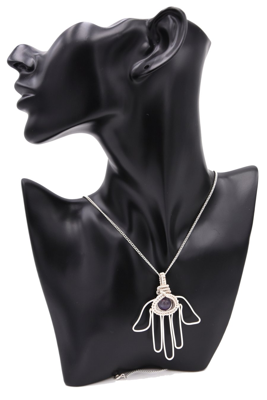 Hamsa hand pendant; amethyst hamsa hand; wire wrapped pendant