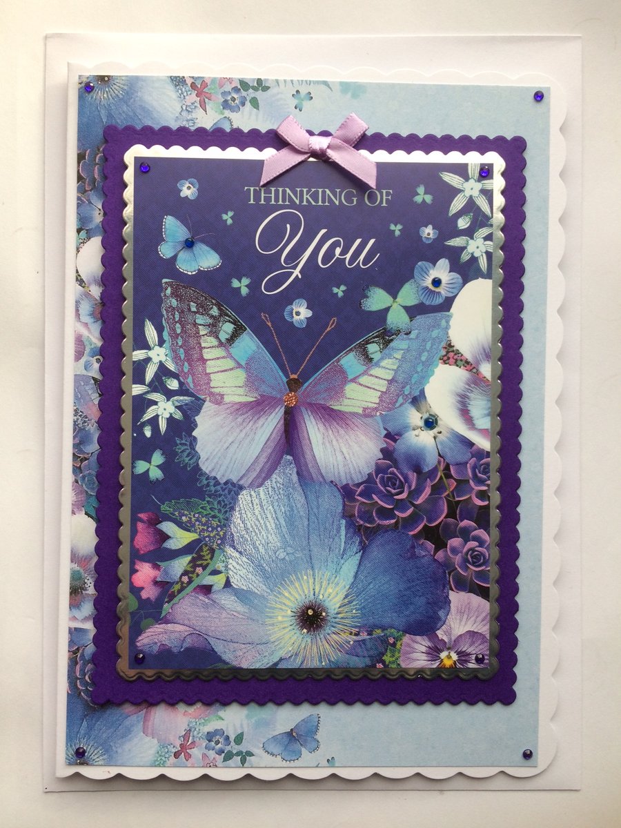 Thinking of You Card Purple Butterflies and Flowers 3D Luxury Handmade Card