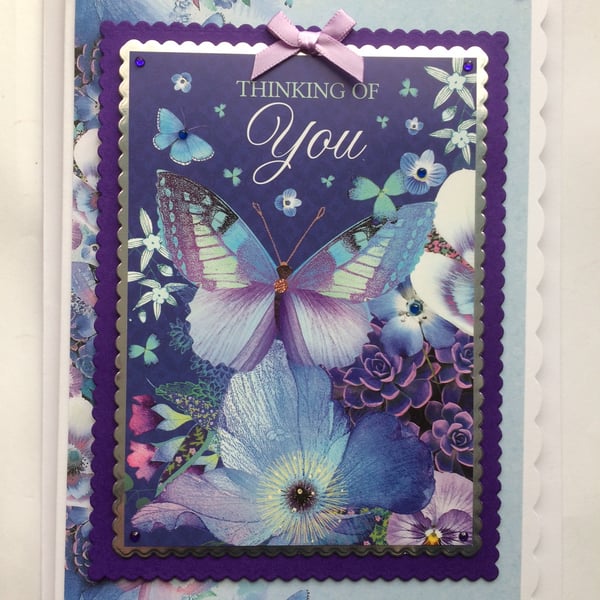 Thinking of You Card Purple Butterflies and Flowers 3D Luxury Handmade Card