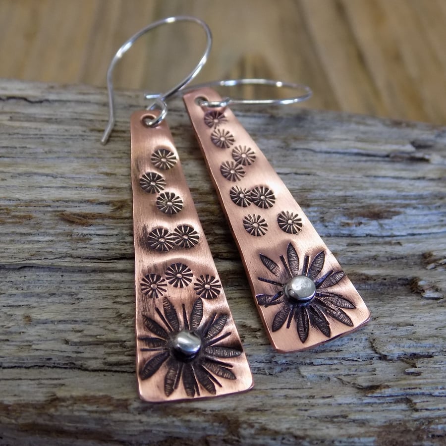 Copper and silver 'flower' drop earrings 