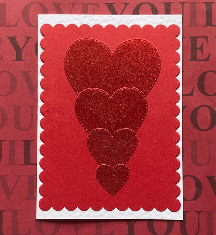 Handmade Red Hearts Greeting Card – Embossed Layered Heart Design, Blank Inside