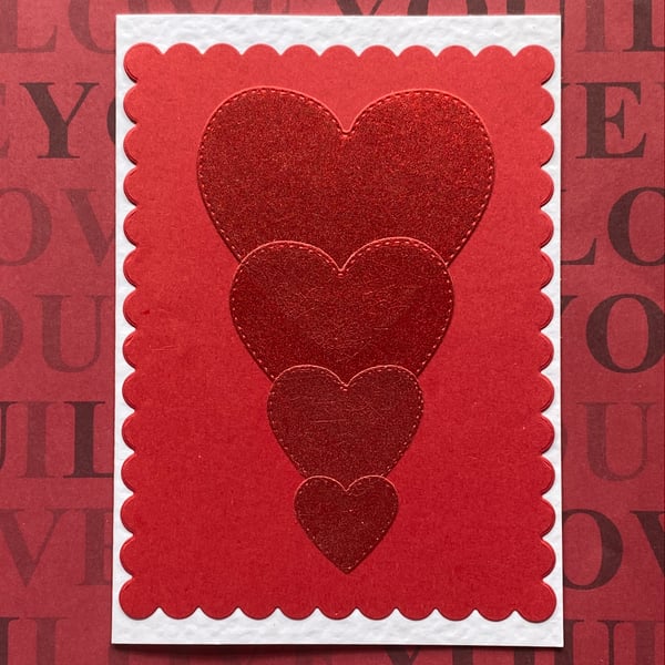 Handmade Red Hearts Greeting Card – Embossed Layered Heart Design, Blank Inside