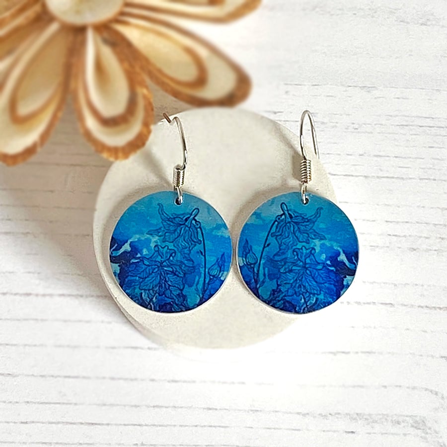 Blue drop earrings, floral discs on sterling silver ear wires (84)