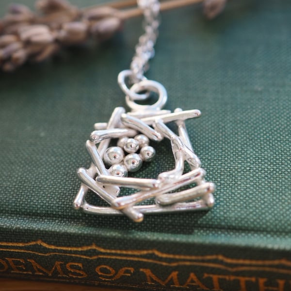 Recycled silver pendant necklace, Argentium Silver, sticks stones pendant