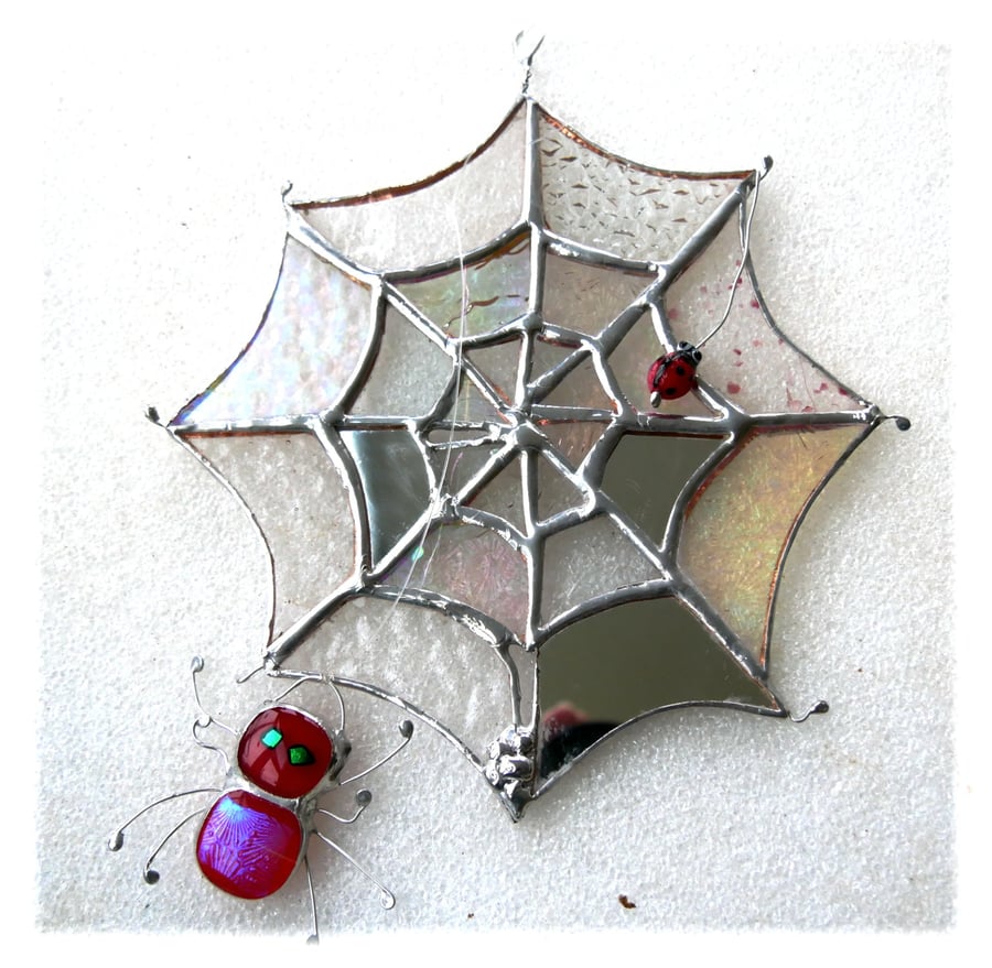 Spiders Web Suncatcher Stained Glass with Red Spider and Ladybird 046