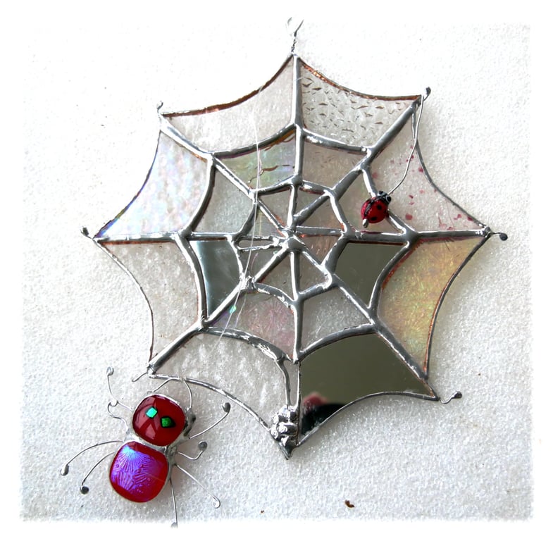 Spiders Web Suncatcher Stained Glass with Red Spider and Ladybird 046