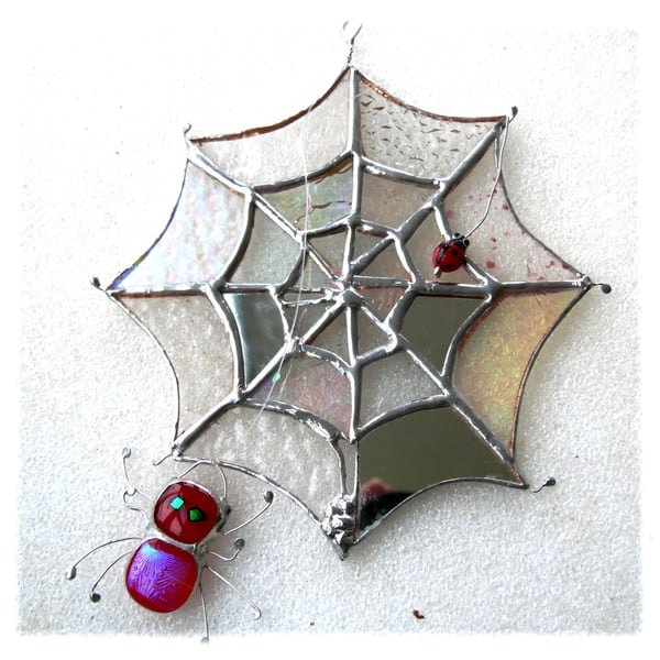 Spiders Web Suncatcher Stained Glass with Red Spider and Ladybird 046