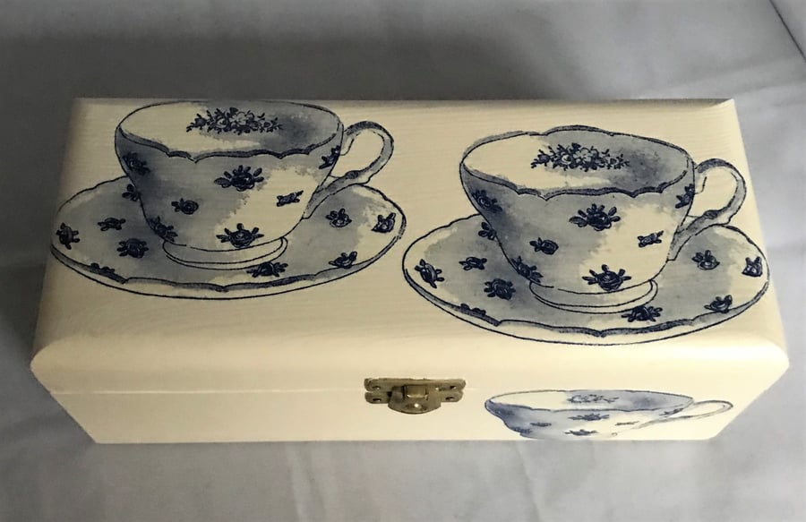 Decorated Tea Box 3 Section White Blue Cups & Saucers Time for Tea Wooden