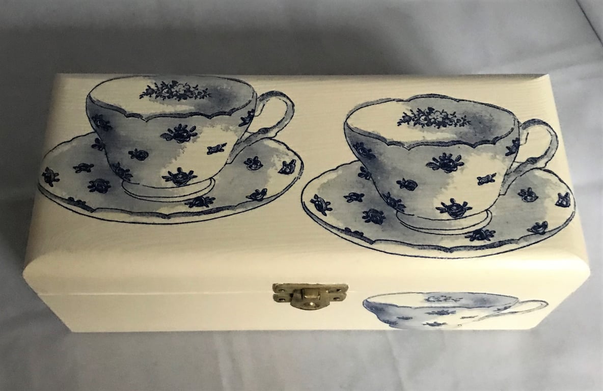 Decorated Tea Box 3 Section White Blue Cups & Saucers Time for Tea Wooden