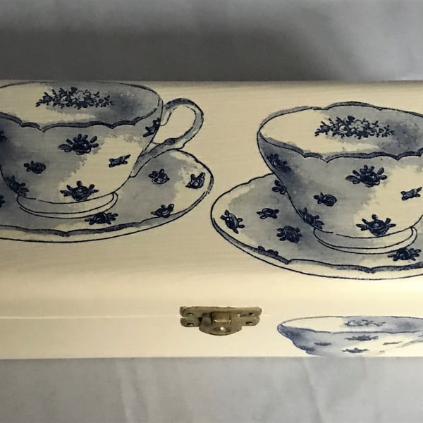 Decorated Tea Box 3 Section White Blue Cups & Saucers Time for Tea Wooden