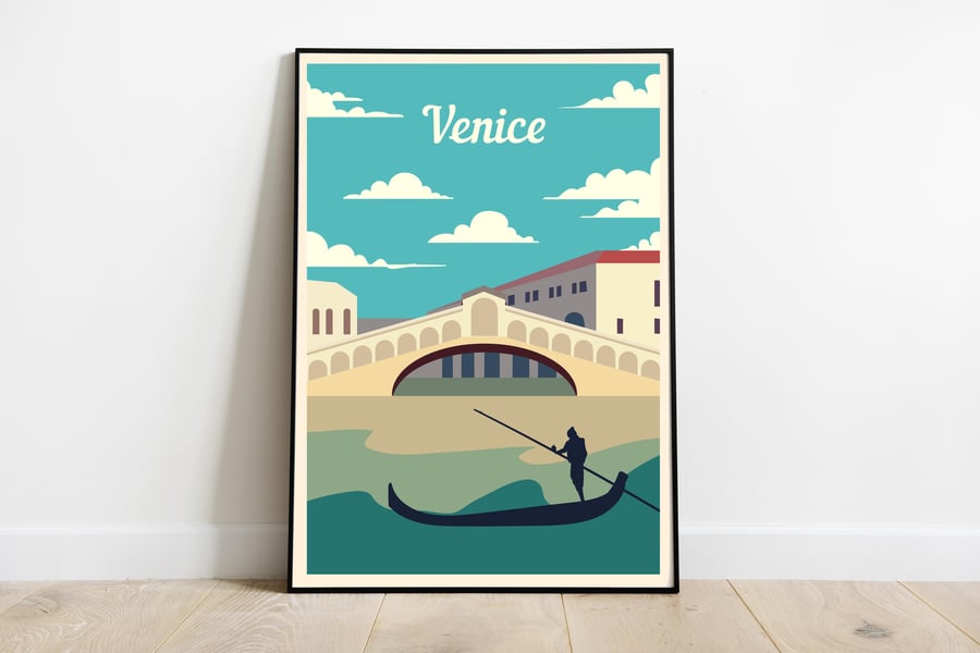 Venice retro travel poster, Venice wall print, Italy travel poster