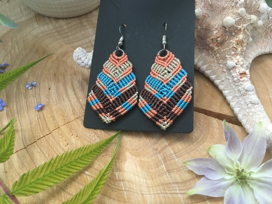 Leaf design colourful macrame dangle earrings, boho gift, mothers day gift