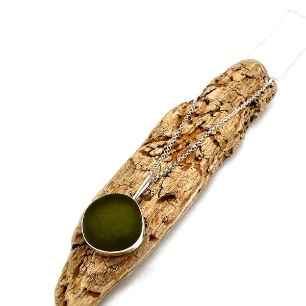 Olive Green Sea Glass Necklace 